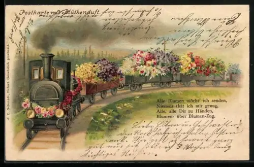 Duft-AK Alle Blumen möcht` ich senden..., Eisenbahn mit Blumen