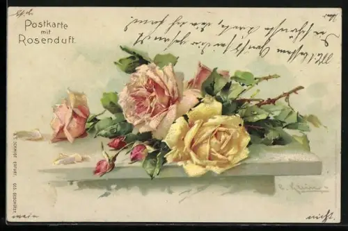 Duft-AK Rosafarbene und gelbe Rosen mit Rosenduft