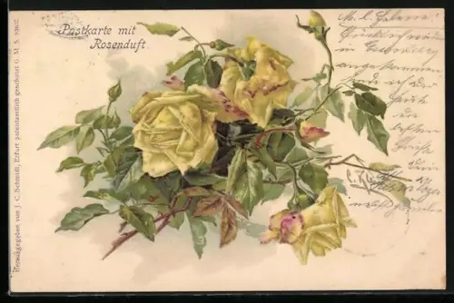 Duft-AK Gelbe Rosen mit grünen Blättern und Knospen
