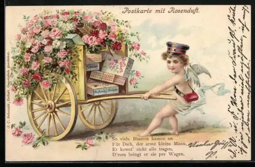 Duft-AK Engel zieht einen Wagen mit Blumen und Paketen