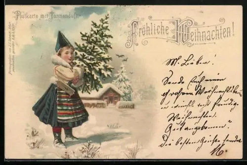 Duft-AK Mädchen mit Weihnachtsbaum