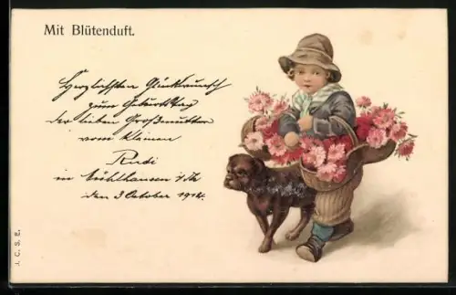 Duft-AK Knabe mit Hund und Blumenkörben