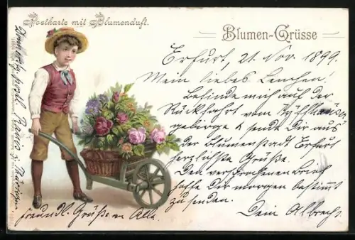 Duft-AK Knabe mit Schubkarre voller Blumen