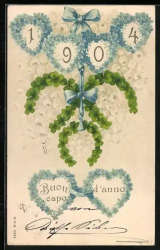 Lithographie Jahreszahl 1904 in Herzen aus Vergissmeinnicht und Hufeisen aus Klee, Buon capo d`anno