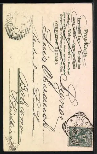 Lithographie Jahreszahl 1904 in Herzen aus Vergissmeinnicht und Hufeisen aus Klee, Buon capo d`anno