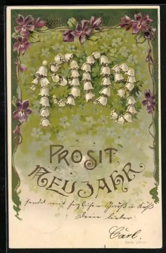Lithographie Jahreszahl 1903 aus Blumen, Prosit Neujahr