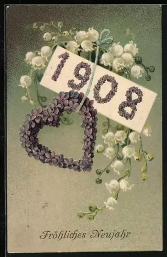 Künstler-AK Jahreszahl 1908 aus Vergissmeinnicht mit Maiglöckchen, Fröhliches Neujahr