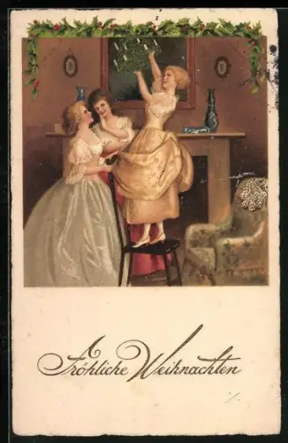 Künstler-AK Frauen hängen einen Kranz auf, Fröhliche Weihnachten