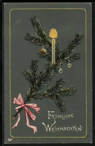 Künstler-AK Brennende Kerze auf einem Tannenzweig, Fröhliche Weihnachten