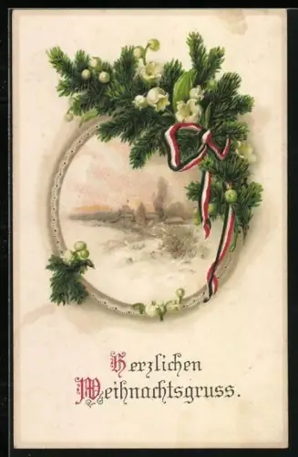 Künstler-AK Winterlandschaft mit Maiglöckchen und Tannenzweig, Herzlichen Weihnachtsgruss