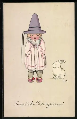 AK Kind mit weissem Osterhasen, Herzliche Ostergrüsse