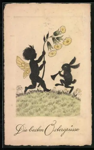 Künstler-AK Osterhase und Fee tanzen auf einer Wiese, Die besten Ostergrüsse