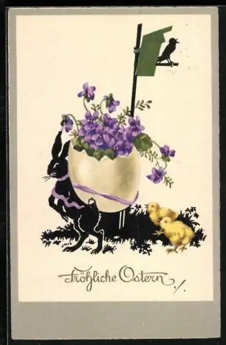 Künstler-AK Osterhase schleppt ein Osterei mit Veilchen, Küken folgen ihm