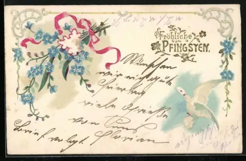 Lithographie Taube mit Brief im Schnabel, Blumenstrauss aus Vergissmeinnicht, Fröhliche Pfingsten