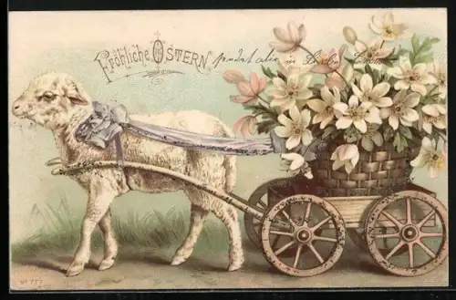Lithographie Osterlamm zieht einen Karren mit Blumen, Fröhliche Ostern
