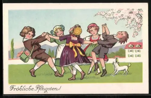Künstler-AK Kinder tanzen auf einer Wiese, Fröhliche Pfingsten