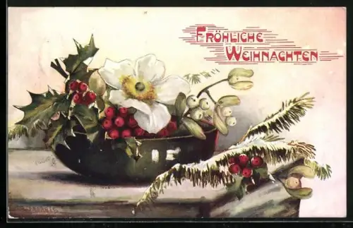 Künstler-AK Schale mit Blume und Stechpalmenzweigen, Fröhliche Weihnachten