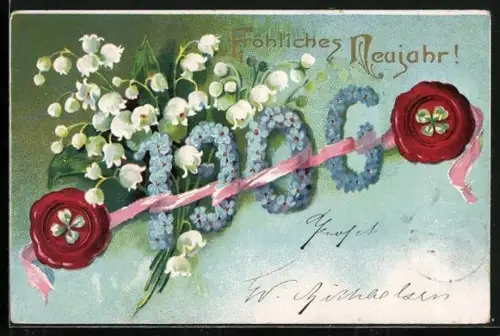 Künstler-AK Jahreszahl 1906 aus Vergissmeinnicht mit Maiglöckchen, Klee und Siegel, Fröhliches Neujahr