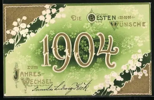 Lithographie Die besten Wünche zum Jahreswechsel 1904 mit Maiglöckchen