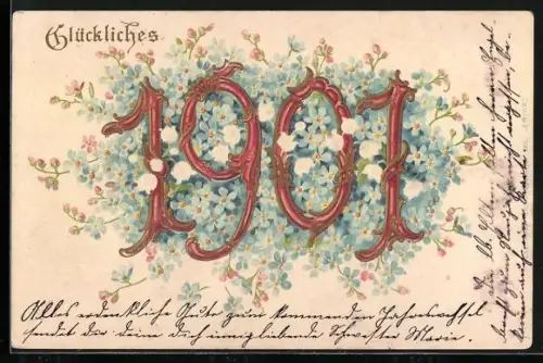 Lithographie Jahreszahl 1901 mit Maiglöckchen und Vergissmeinnicht, Glückliches 1901