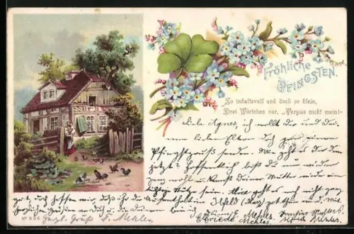 Lithographie Frau vor einem Haus mit Hühners, Fröhliche Pfingsten