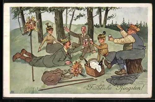 Künstler-AK Wanderer sitzen zusammen auf einer Wiese und feiern, Fröhliche Pfingsten