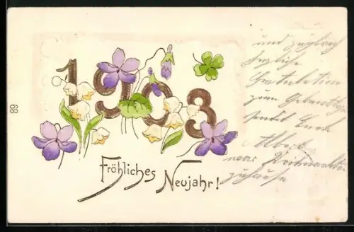 Lithographie Jahreszahl 1903 mit Veilchen und Maiglöckchen, Fröhliches Neujahr