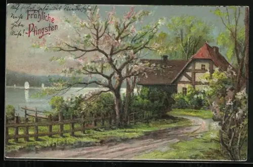 Künstler-AK Frühlingslandschaft mit blühenden Bäumen, Fröhliche Pfingsten
