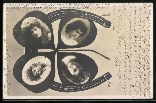 AK Damenporträt in Klee-Passepartout mit Hufeisen