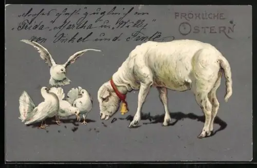 Präge-AK Osterlamm mit Tauben, Fröhliche Ostern
