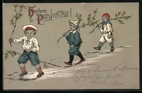 AK Drei Kinder mit Birkenzweigen, Fröhliche Pfingsten