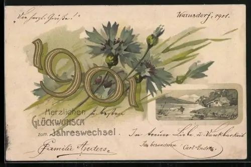 Lithographie Jahreszahl 1901, Uferpartie, Herzlichen Glückwunsch zum Jahreswechsel