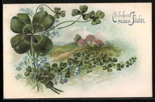 AK Kleeblätter, Vergissmeinnicht und Landschaft, Ein frohes Neues Jahr