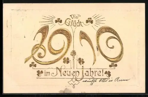 Präge-AK Jahreszahl 1910 mit Klee, Viel Glück im Neuen Jahre