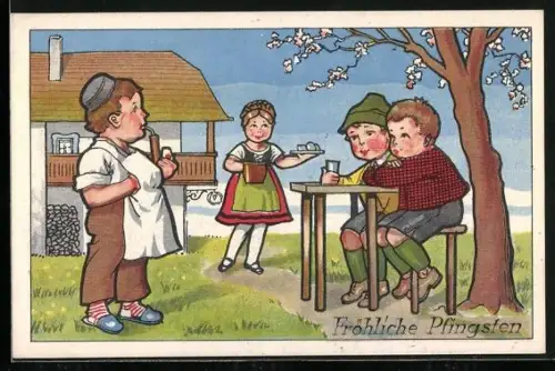 Künstler-AK Kinder sitzen an einem Tisch unter einem Baum, Fröhliche Pfingsten