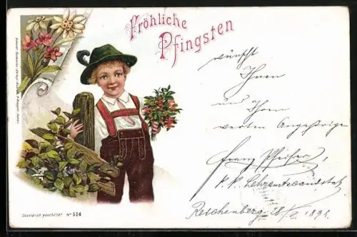 AK Junge mit Blumenstrauss in Tracht, Fröhliche Pfingsten