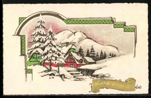 Präge-AK Verschneite Landschaft mit Tannen, Fröhliche Weihnachten