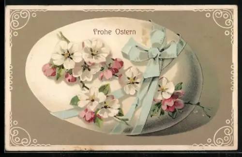 AK Grosses Osterei mit Schleife und Blumen, Frohe Ostern