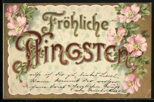 Lithographie Eleganter Schriftzug Fröhliche Pfingsten mit Blumen