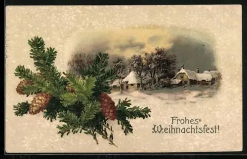 AK Verschneite Landschaft mit Tannenzweig, Frohes Weihnachtsfest