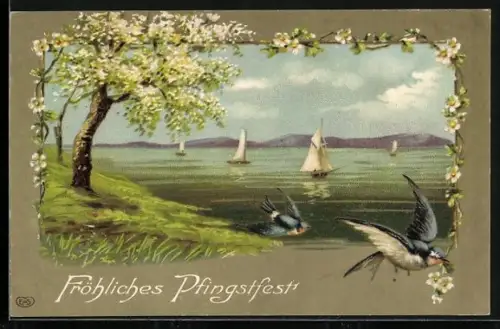 Künstler-AK Segelboote und Schwalben während der Baumblüte, Fröhliches Pfingsten