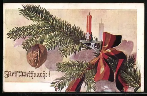 Künstler-AK Tannenzweig mit Wallnuss, Kerze und Schleife, Heil Weihnacht