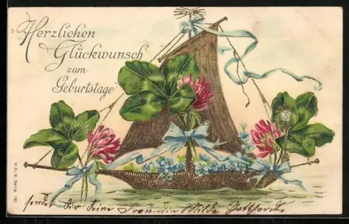 Lithographie Segelboot mit riesigen Kleeblättern, Geburtstagsgruss