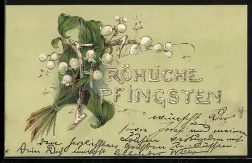 Präge-AK Strauss mit Maiglöckchen, Fröhliche Pfingsten