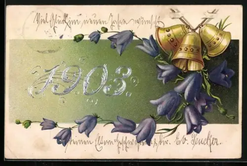 Lithographie Jahreszahl 1903, Glocken und Blüten