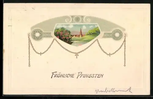 Künstler-AK Frühlingslandschaft mit Kirche, Fröhliche Pfingsten