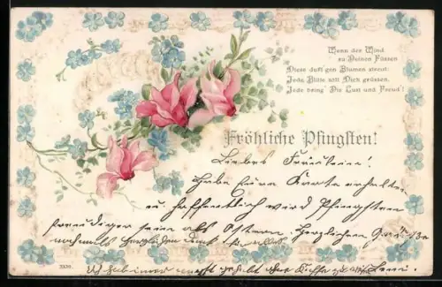 AK Rosane Blumen und Vergissmeinnicht, Fröhliche Pfingsten