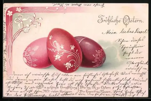 Lithographie Ostereier mit Blumenmuster, Fröhliche Ostern