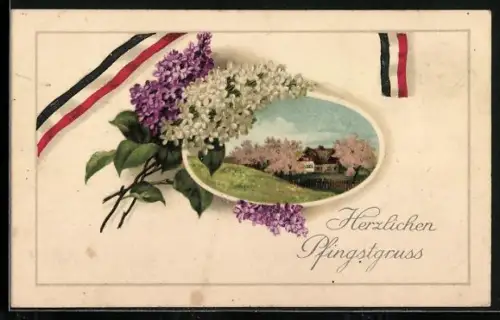 AK Frühlingslandschaft mit Flieder und Reichsfahne, Herzlichen Pfingstgruss
