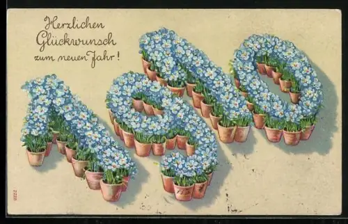 AK Jahreszahl 1910 aus Blumentöpfe mit Vergissmeinnicht, Herzlichen Glückwunsch zum neuen Jahr